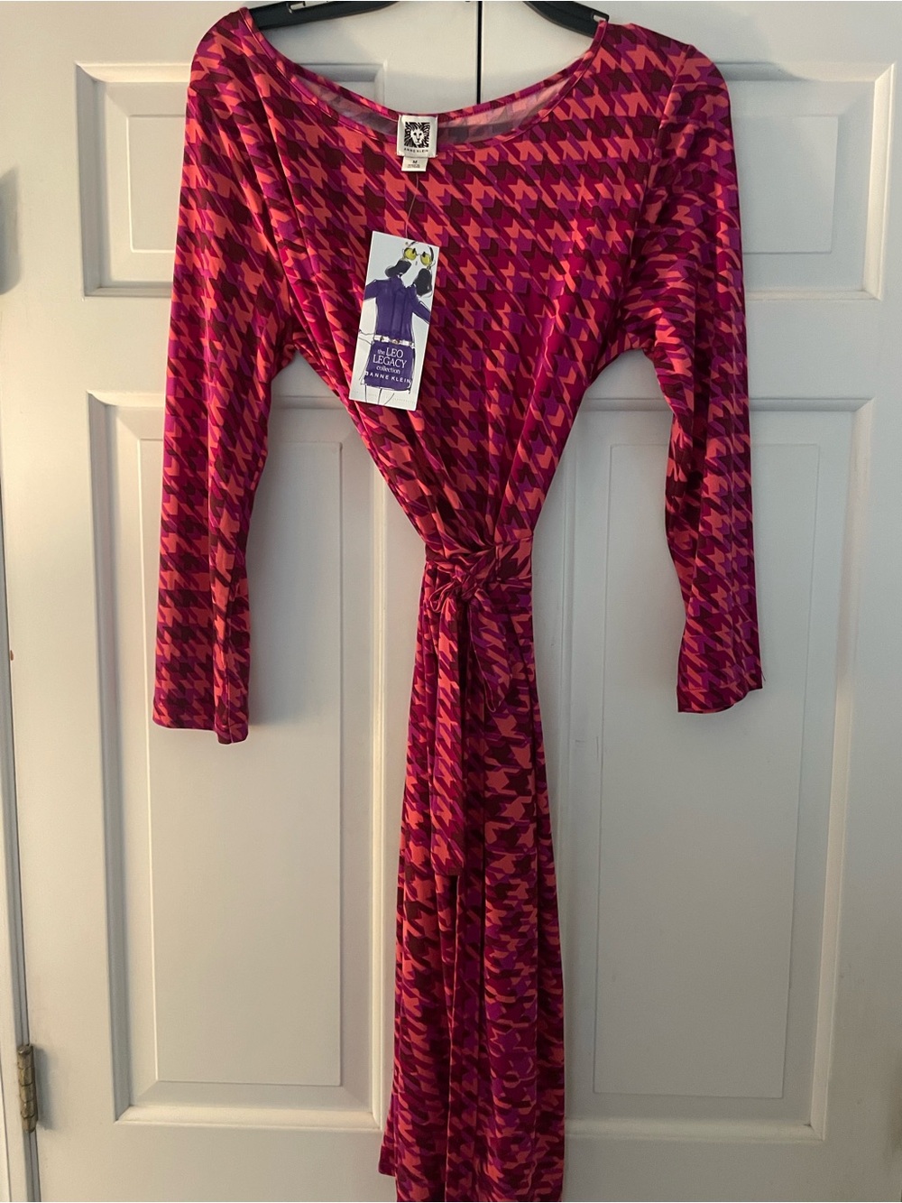 Anne Klein Pink and Fuchsia Houndstooth Belted Dress